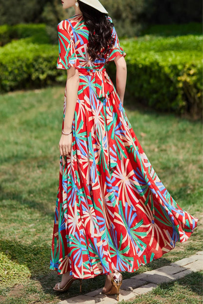 Red Floral Chiffon Maxi Dress - V-Neck, Fitted Waist 5006