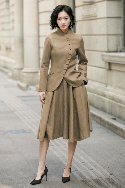 Linen Short Jacket – Button Closure with Lapel Collar and Side Pockets for Spring & Autumn 6710