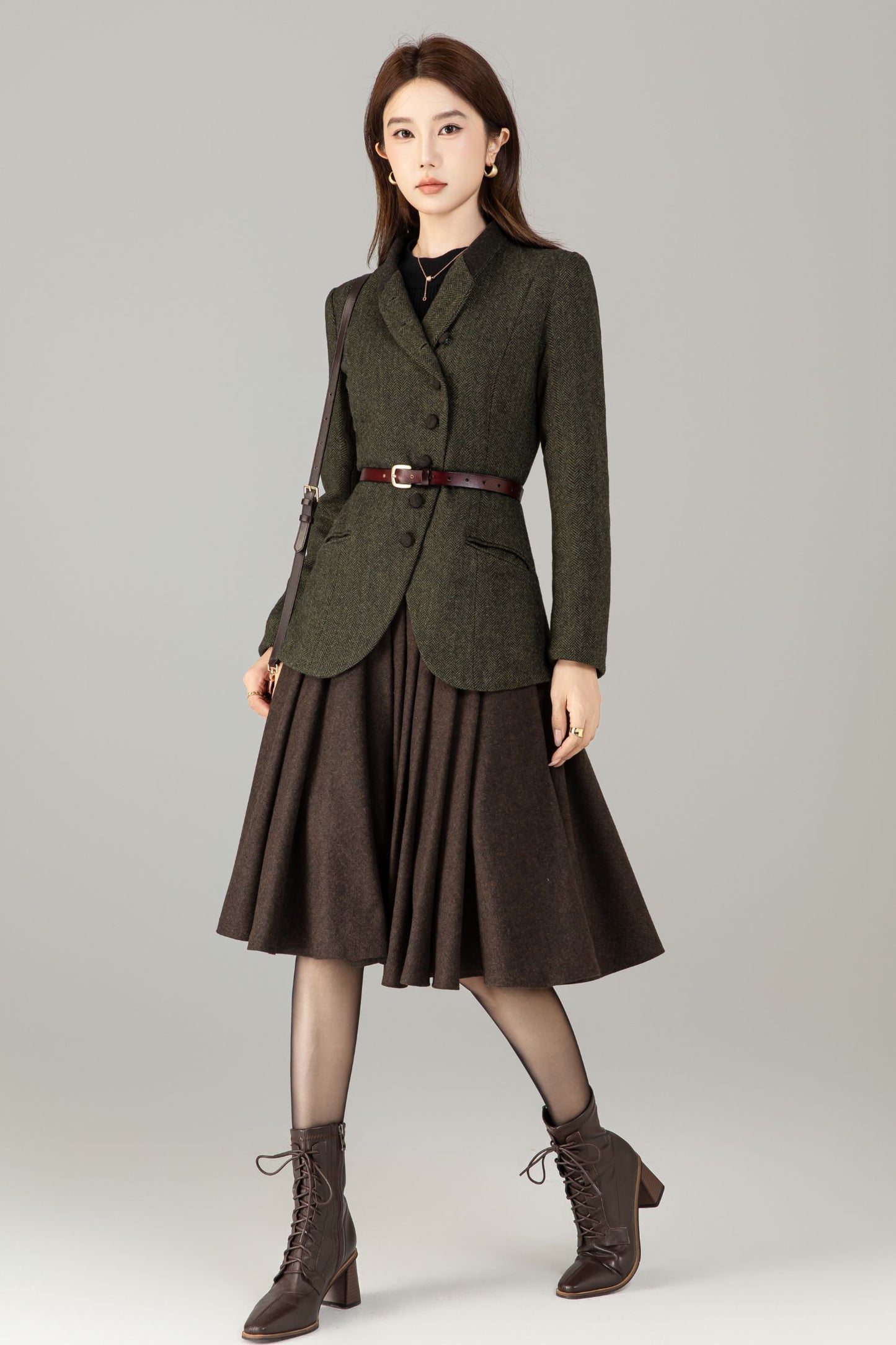 Handmade Wool Blend Herringbone Jacket – Vintage Short Coat | Xiaolizi 6496