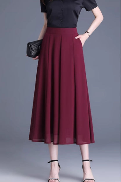Burgundy Chiffon Midi Skirt - A-Line, Big Swing 6131