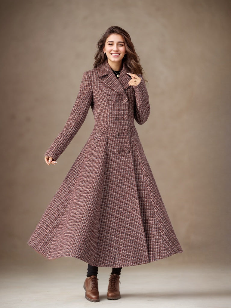 Woman wearing chestnut plaid wool maxi coat with flared hem