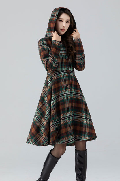 Plaid Wool Coat Midi Dress - Hooded Fit and Flare Winter Outerwear 4784