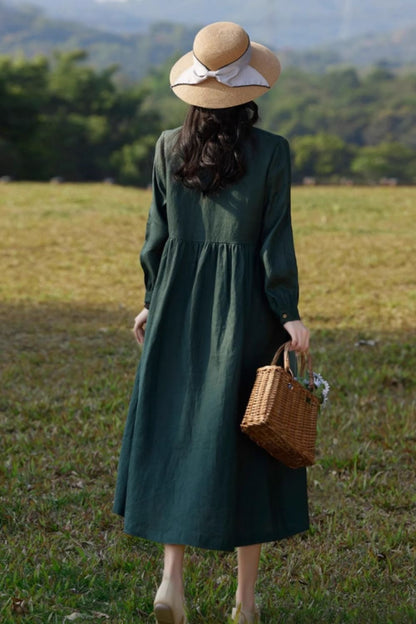 Long sleeves green midi button up linen dress women 4833