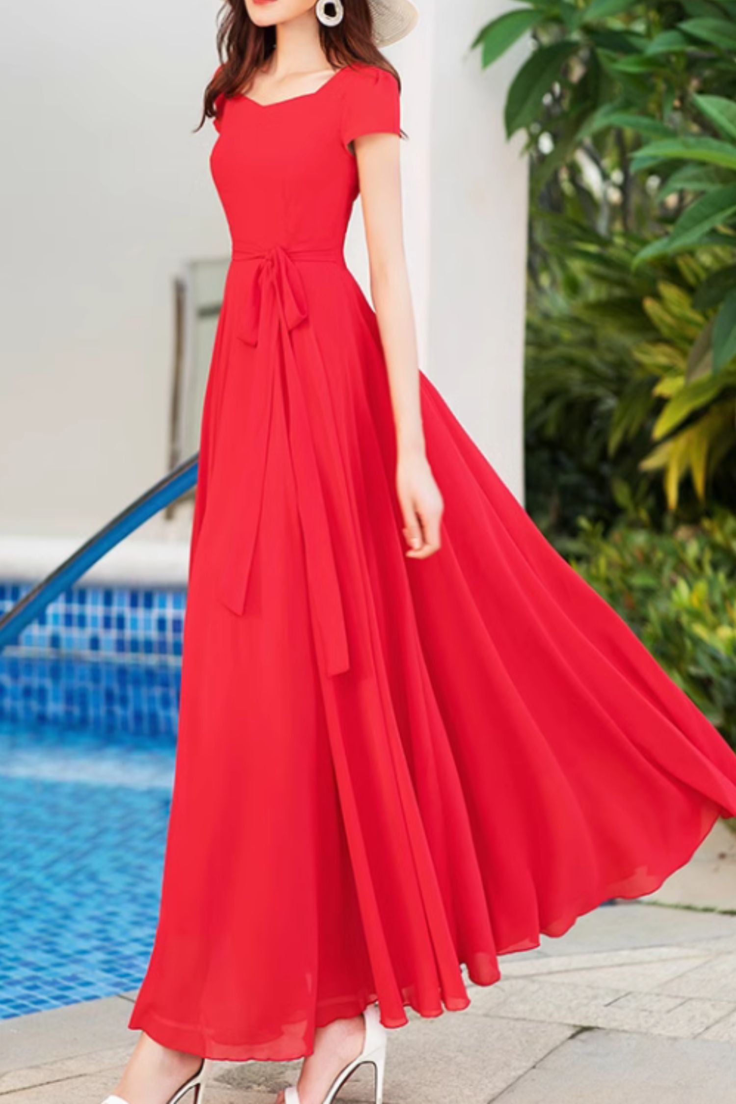 Red Chiffon Maxi Dress - Tie Belt, Heart Neckline 5161