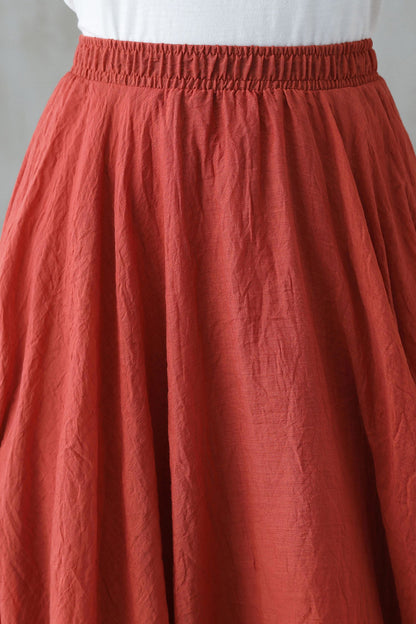 Bohemian Rust Red Linen Maxi Skirt – High-Waist Swing Hem – 2744