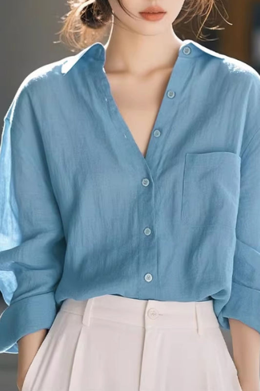 Blue Linen Shirt – Relaxed Button Front Summer Blouse | Xiaolizi 6644