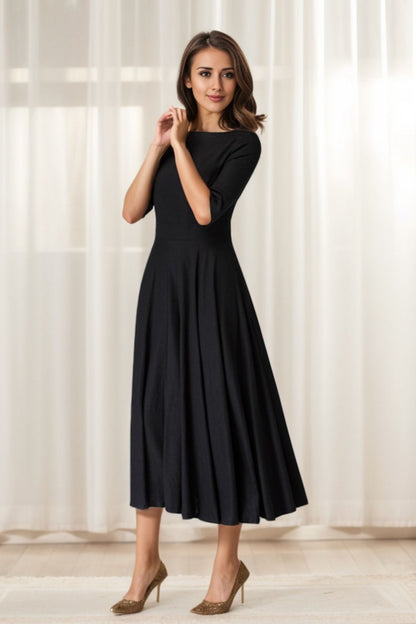 Black Linen Little Black Dress – Handmade Vintage Fit & Flare Midi Dress with Pockets | Xiaolizi 1458