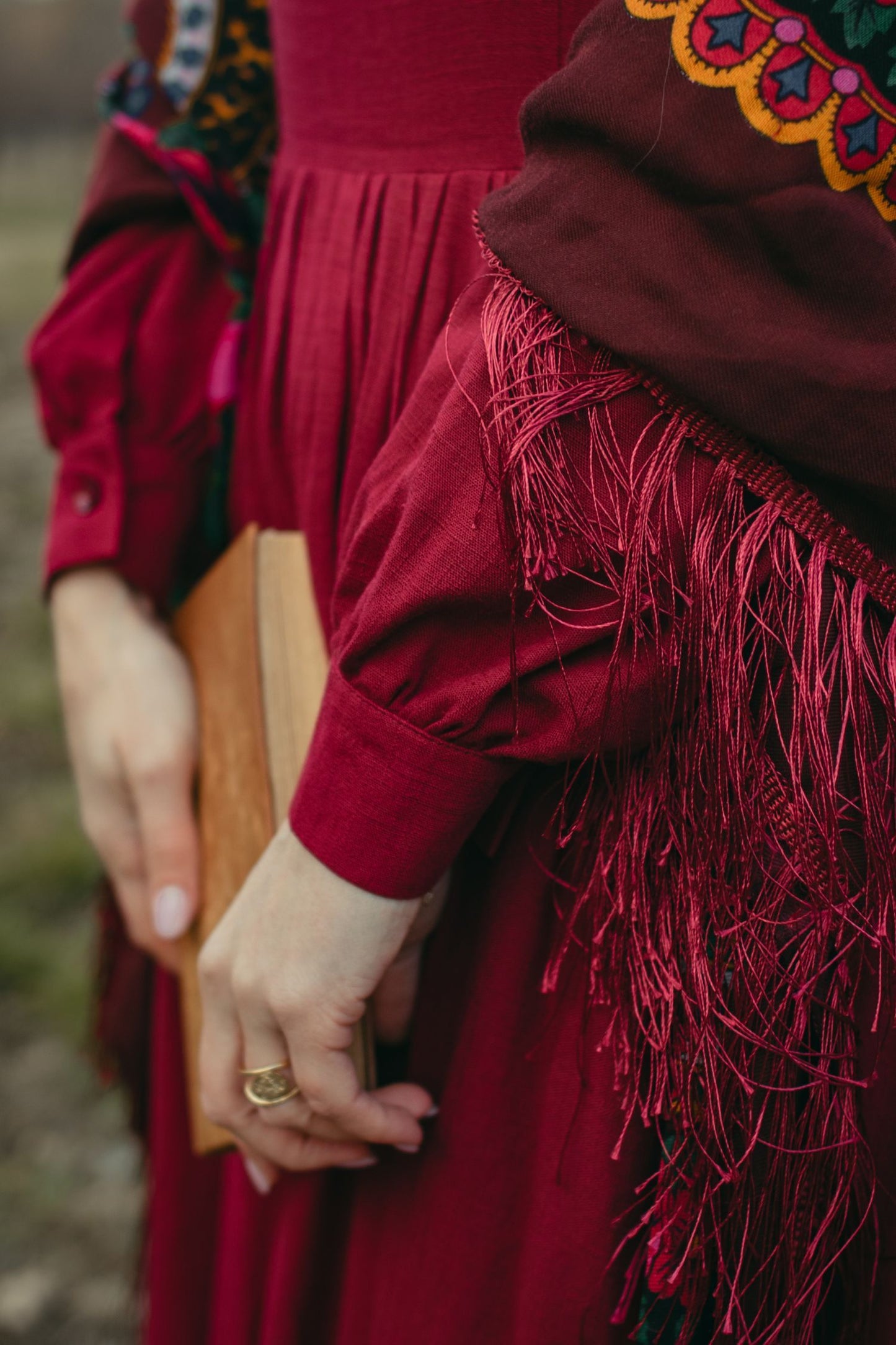 Long sleeves burgundy spring linen dress 5105