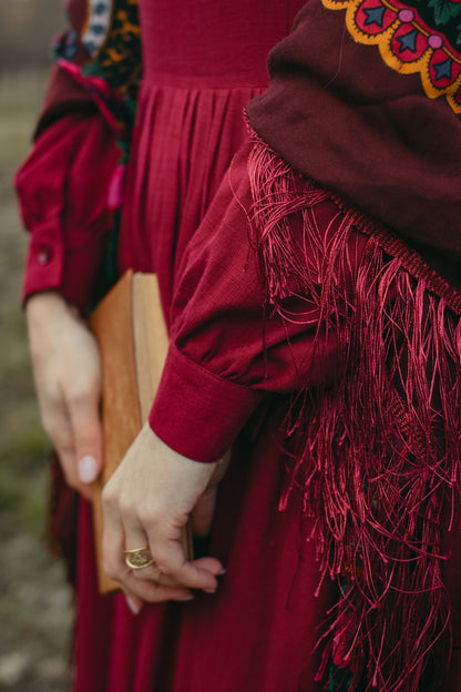 Burgundy Linen Cotton Maxi Dress - Pleated Waist & Lantern Sleeves 5105