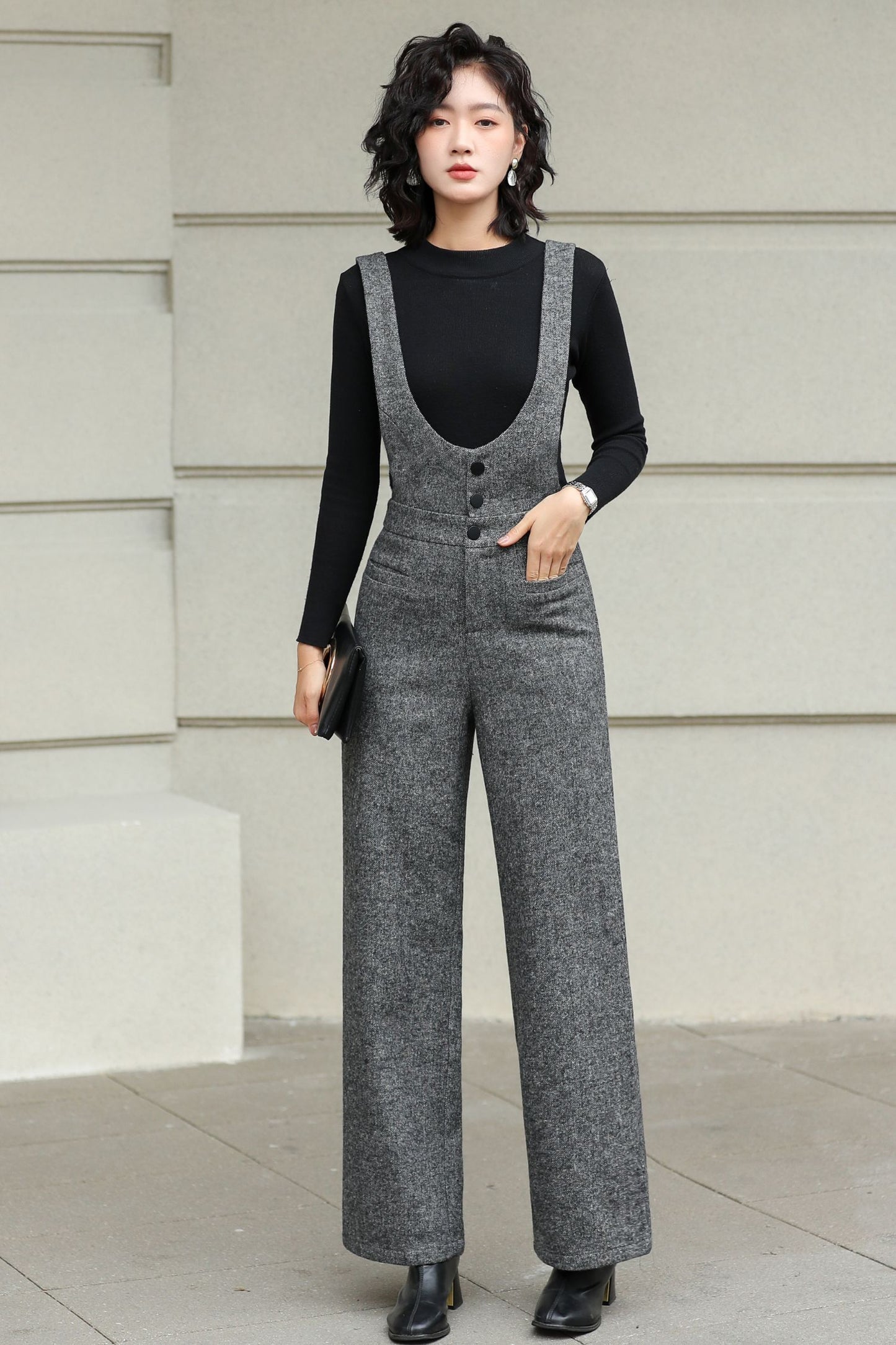 Long Suspender Wool Pants Women 6428