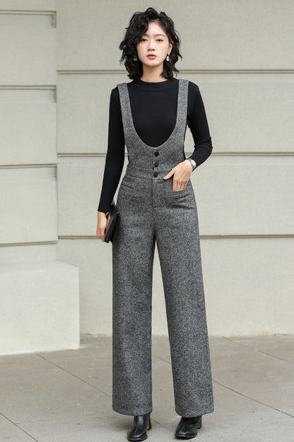 Gray Wool Suspender Pants - Tailored Wide Leg Elegance 6428