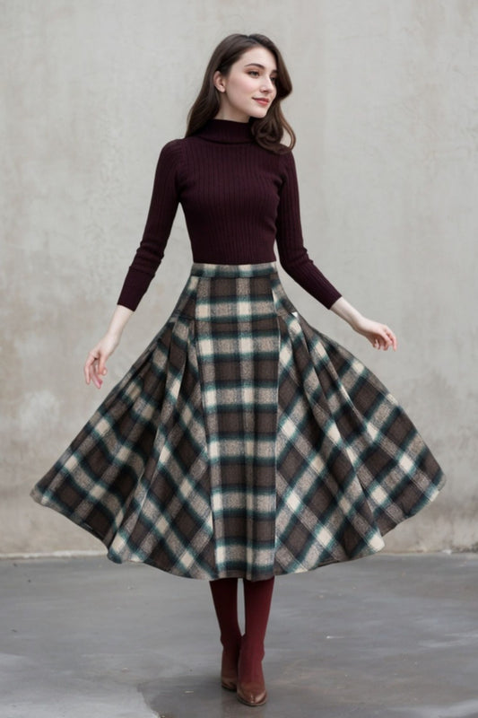 1950s plaid flare skirt, women's midi skirt 5401