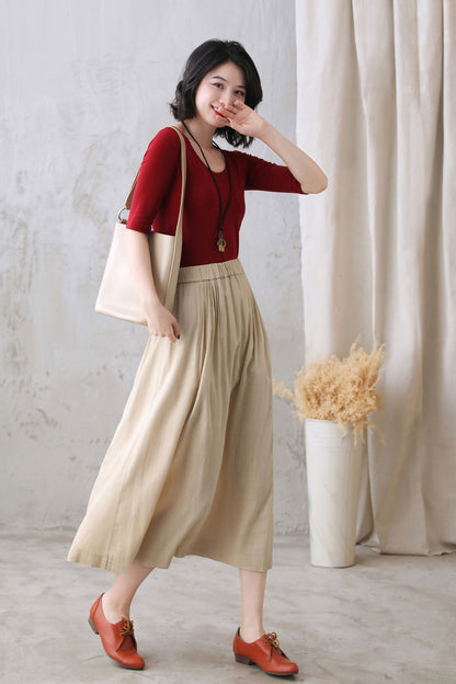 Khaki Cotton Linen Midi Skirt - Pleated Waist, High Rise 2773