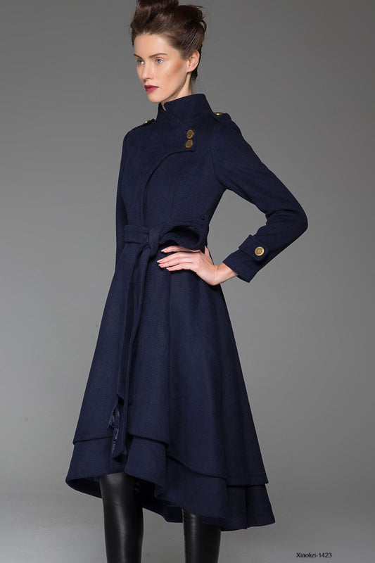 Feminine Wool Coat Navy Blue – Asymmetrical Hem & Stand Collar – 1423