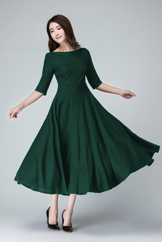 Green Linen Midi Dress with Pockets – Vintage Fit & Flare | Xiaolizi 6282