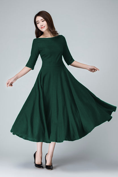 Green Linen Midi Dress with Pockets – Vintage Fit & Flare | Xiaolizi 6282