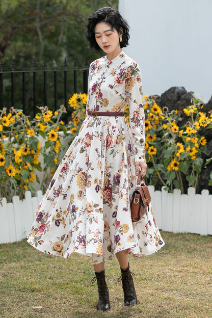 Xiaolizi Floral Linen Midi Dress – Vintage Mandarin Collar Shirt Dress 6691
