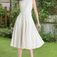 White Linen Fit and Flare Dress – Vintage Sleeveless Midi with Belt 6625
