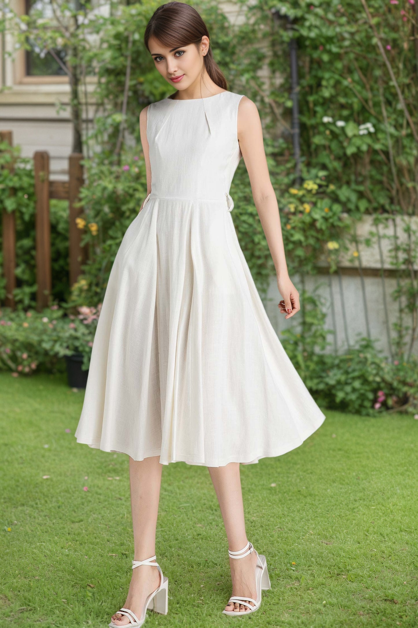 White Linen Fit and Flare Dress – Vintage Sleeveless Midi with Belt 6625