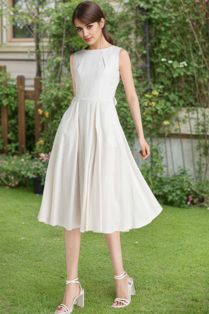 White Linen Fit and Flare Dress – Vintage Sleeveless Midi with Belt 6625