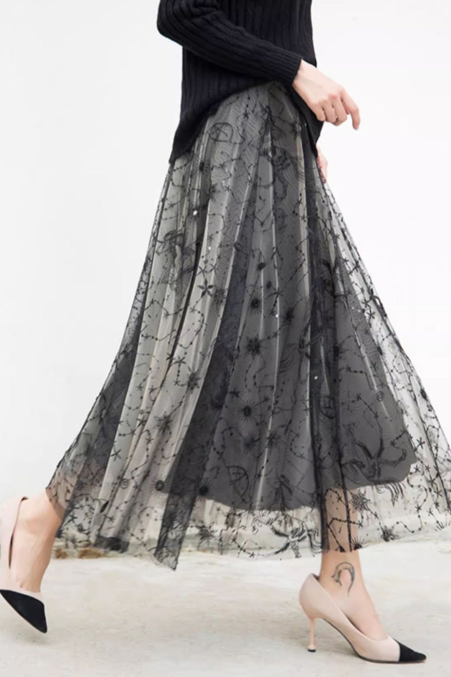 Black flower printed long lace skirt 5583