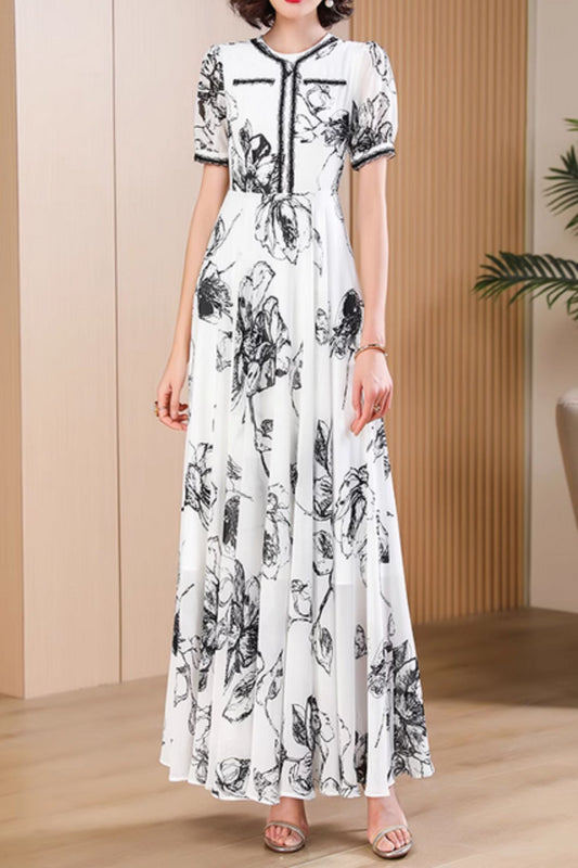 Black and white floral maxi chiffon dress 5031