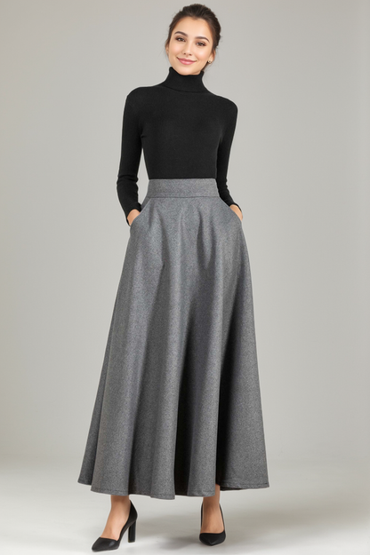Vintage Inspired Grey Wool Maxi Skirt with Pockets – 1950s Retro A-Line Winter Skirt 2437