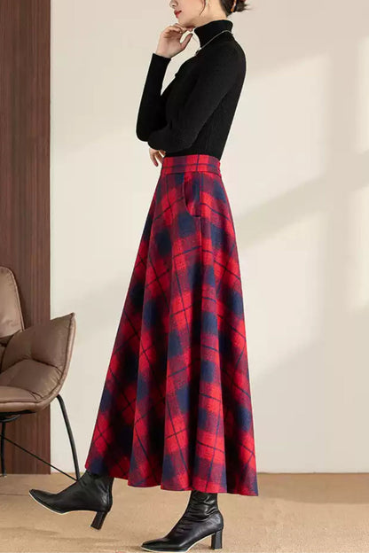 Maxi plaid winter long wool skirt 6200