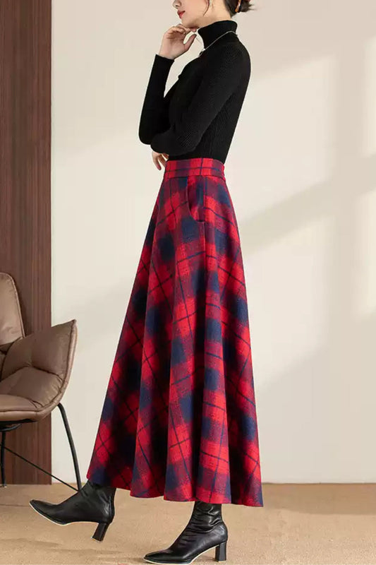 Maxi plaid winter long wool skirt 6200