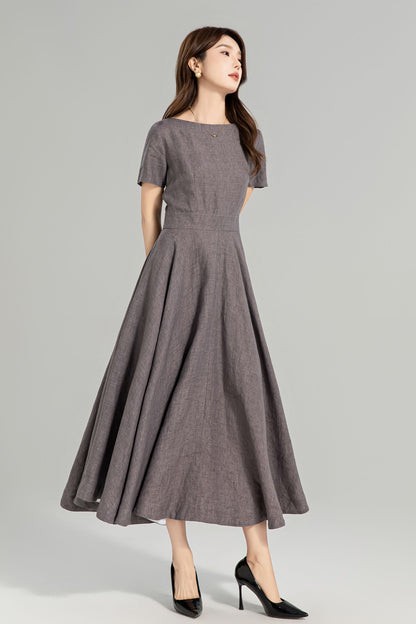 Cottagecore Linen Midi Dress with Pockets – Vintage Fit and Flare Summer Dress 4960