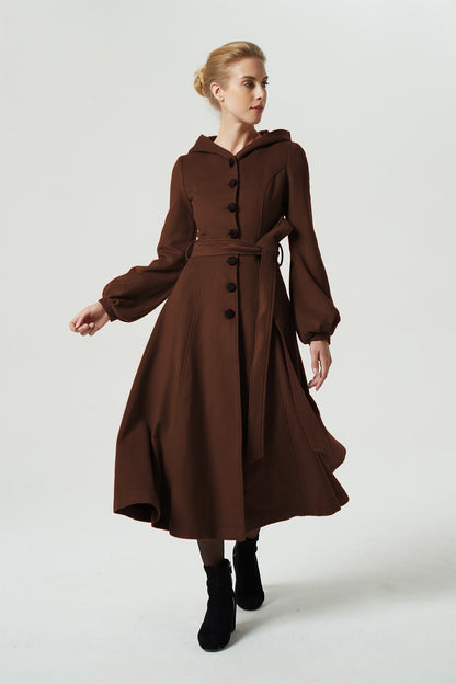 Brown Wool Coat Maxi Dress - Hooded, Belted Swing Silhouette 6308