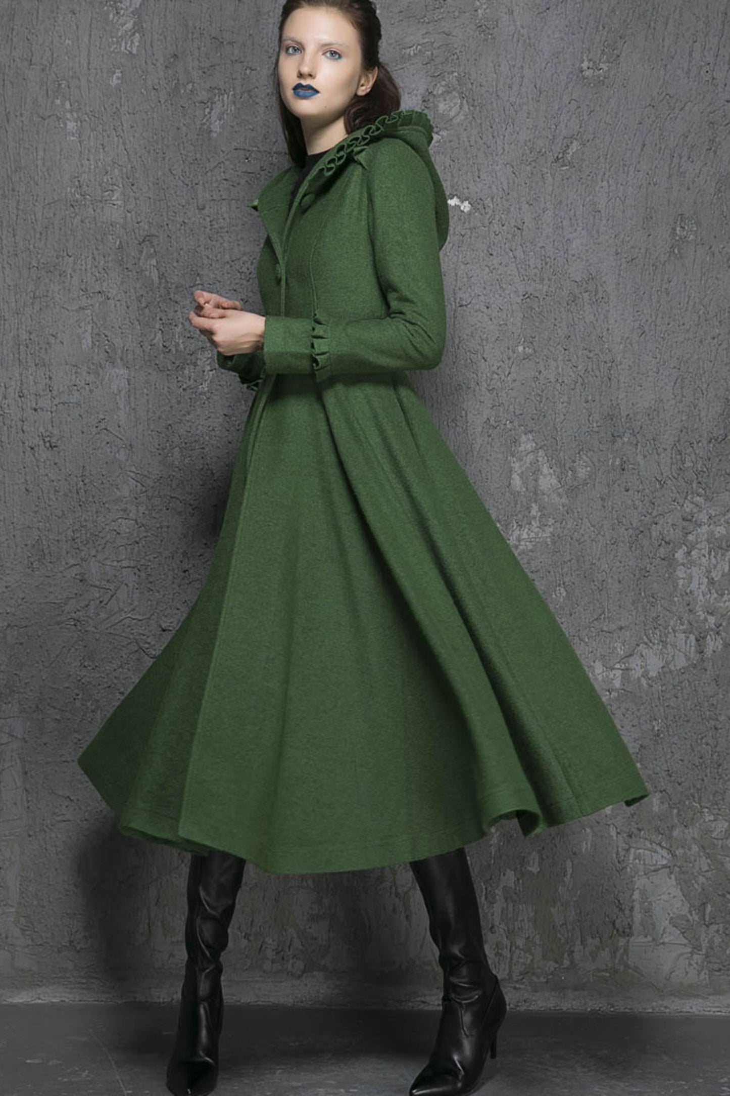 Women's swing long coat for winter in Green 1345