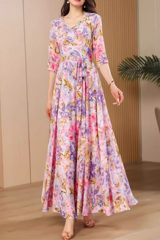 Floral maxi prom summer chiffon dress women 5059
