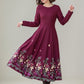 Embroidered burgundy fit and flare wool dress 5307