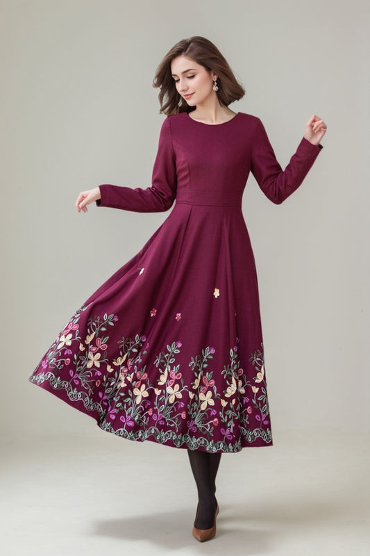 Embroidered burgundy fit and flare wool dress 5307