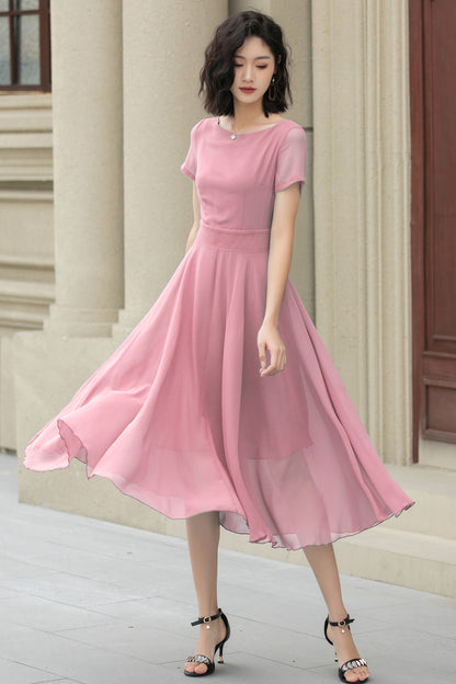 Pink Chiffon Midi Dress - Flowy Swing Silhouette with Fit Waistband 6034