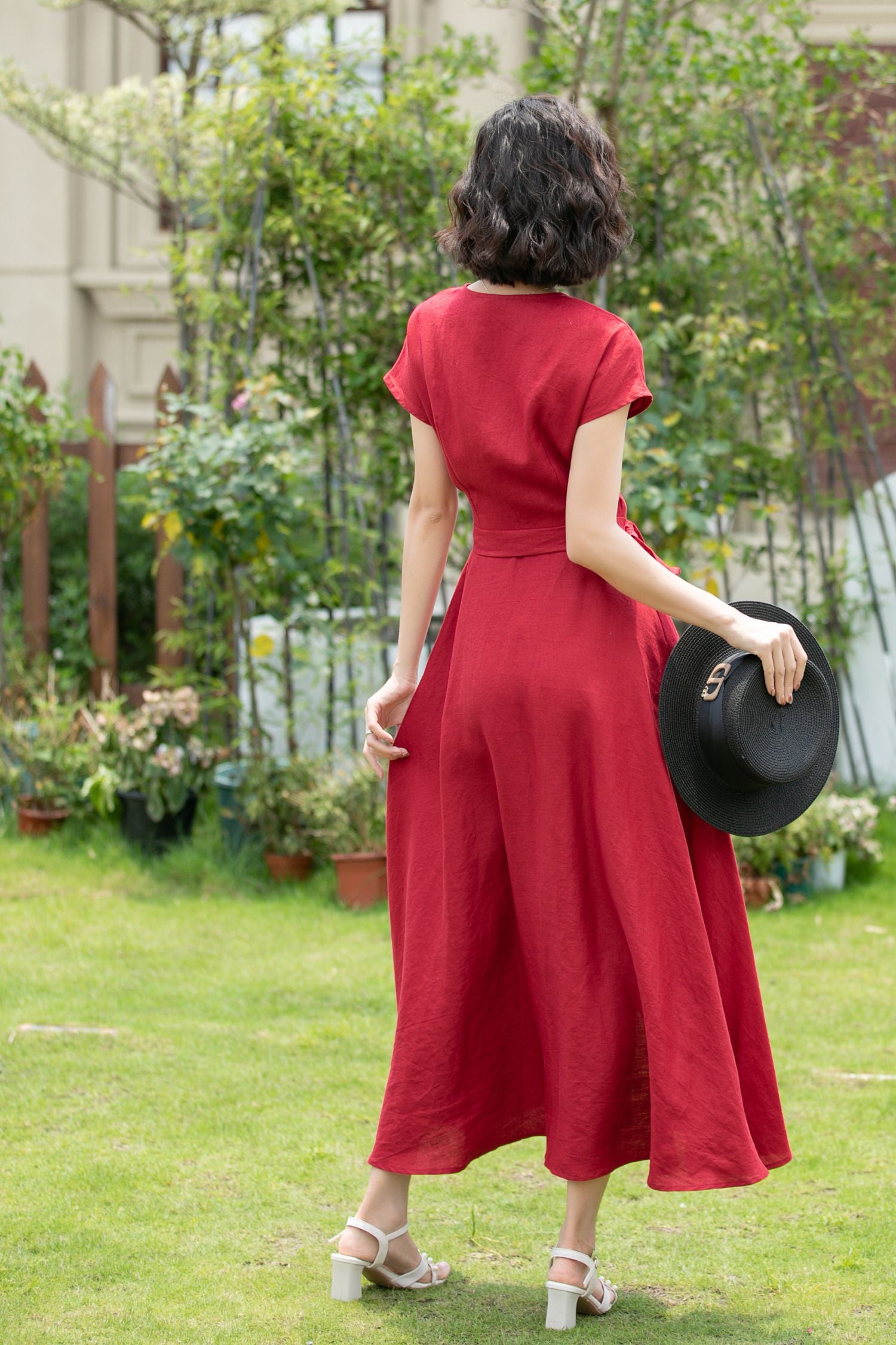 Short sleeve Burgundy Linen Wrap dress 5202 - burgundy / XS Short sleeve Burgundy Linen Wrap dress 5202 - burgundy / XS