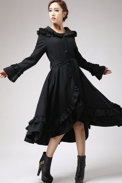 Women’s Hooded Wool Coat – Long Maxi Winter Coat with Ruffle Details 0713