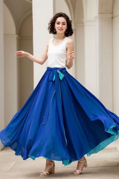 Blue Chiffon Maxi Circle Skirt - Elastic Waist Big Swing | Xiaolizi 5170