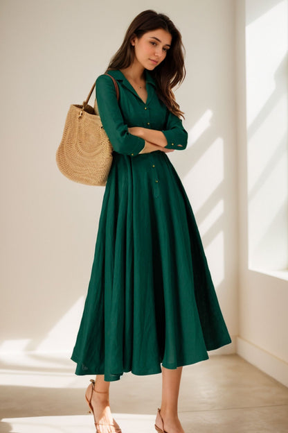 1950s Green Linen Shirt Dress – Women’s Midi Belted Summer Dress 5127