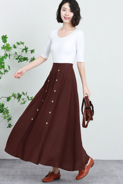 Brown Linen Maxi Skirt - Flowing Button Front with Elastic Waist 5733