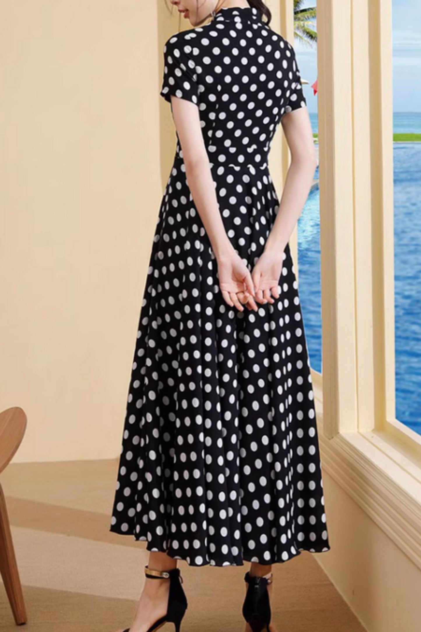 Black and white polka dot long chiffon dress 5020