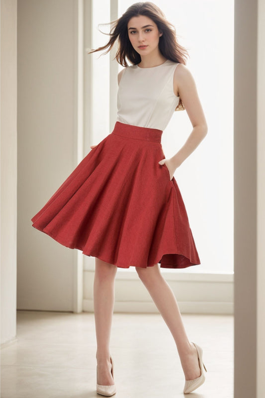 1950s Red Linen Full Circle Skirt 5138