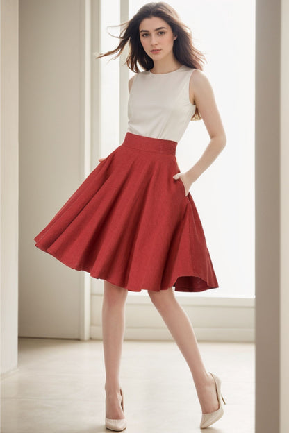 Red Linen Cotton Skater Skirt - High Waist Full Circle Knee Length 5138