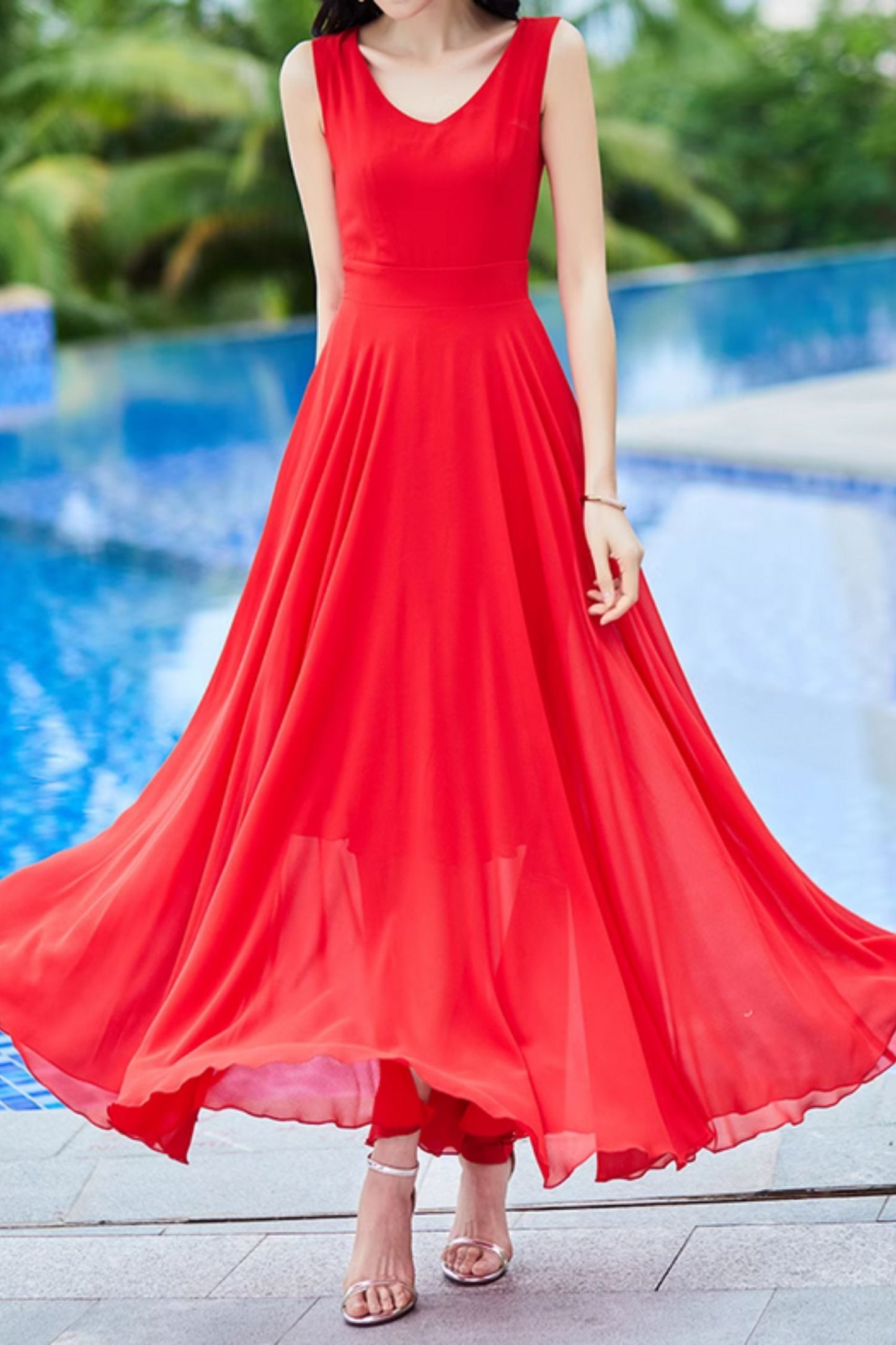 Red maxi chiffon prom dresses women 4985