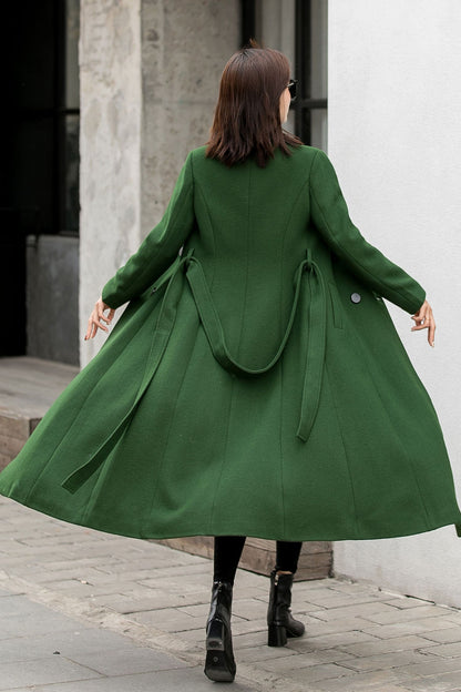 Dark Green Wool Coat – Vintage Double Breasted Winter Maxi | Xiaolizi 2842