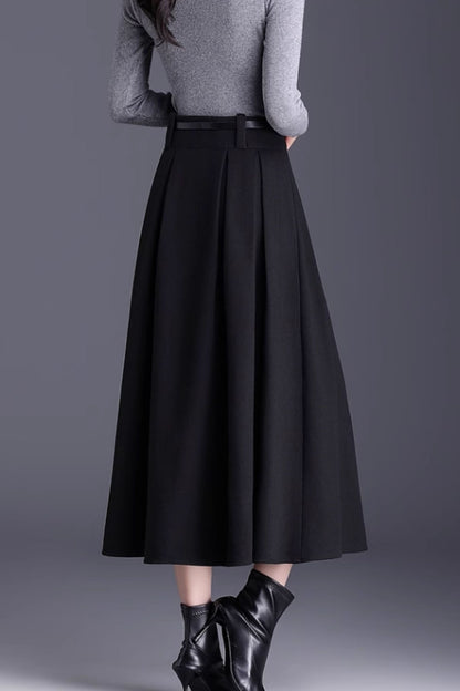 Brown Wool A-Line Midi Skirt - Pleated Elegant Silhouette 6137
