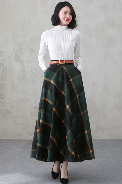 Handmade Forest Green Plaid Wool Maxi Skirt – Vintage High Waist A-line Winter Elegance 5274