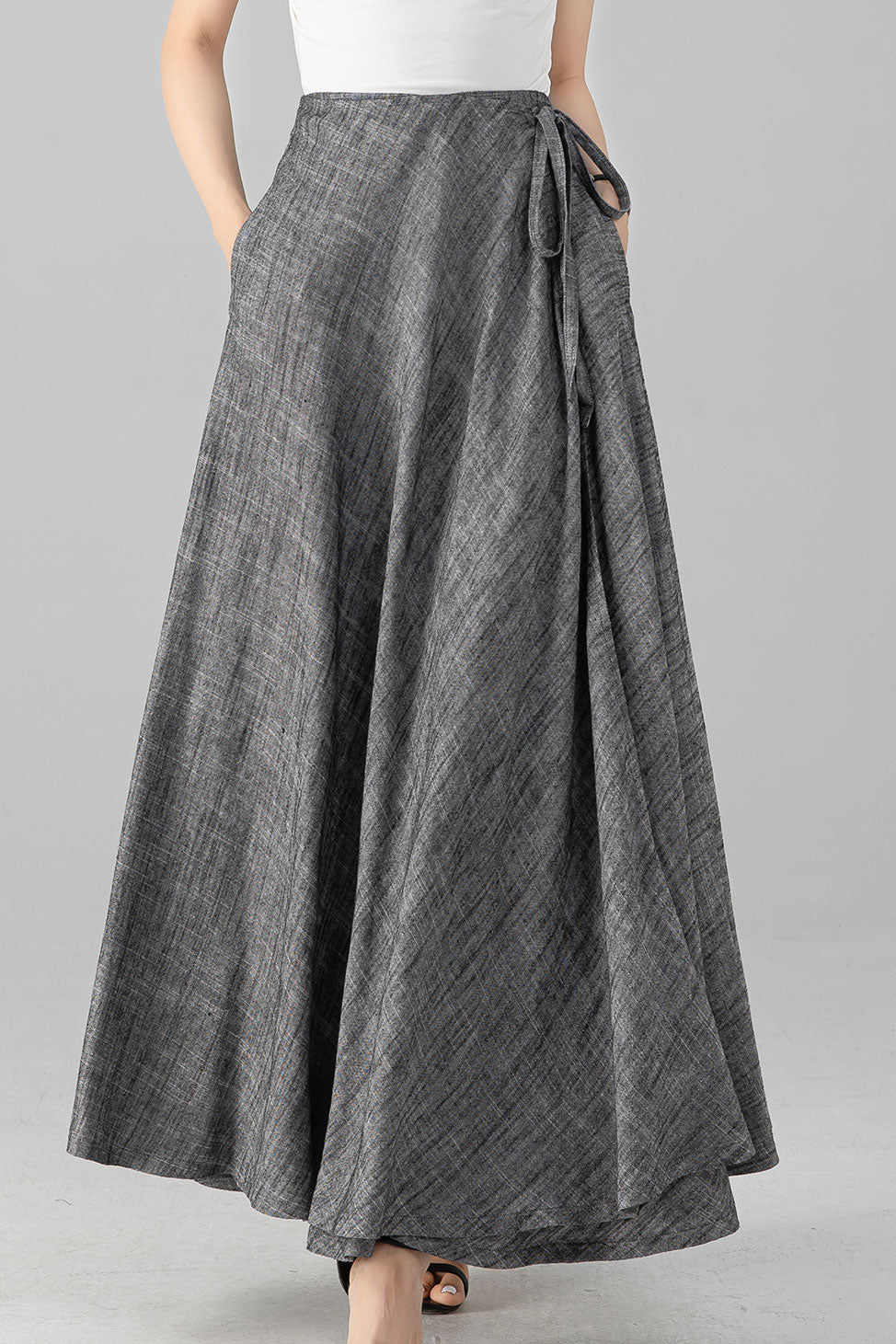 Grey Linen Cotton Maxi Skirt - Wrap Tie Side, Elastic Waist 6081