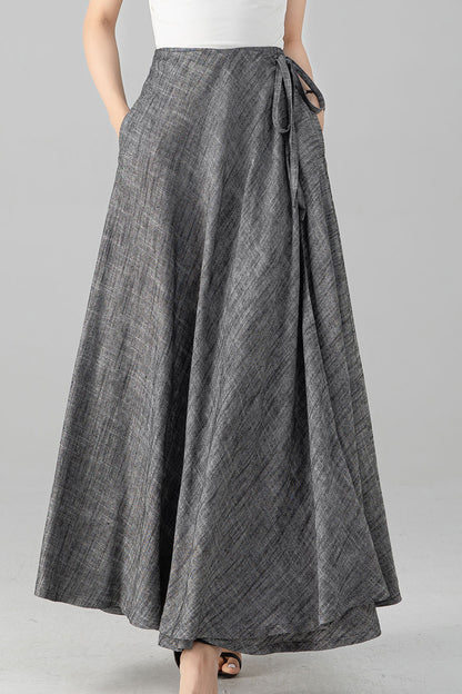 Grey Linen Cotton Maxi Skirt - Wrap Tie Side, Elastic Waist 6081